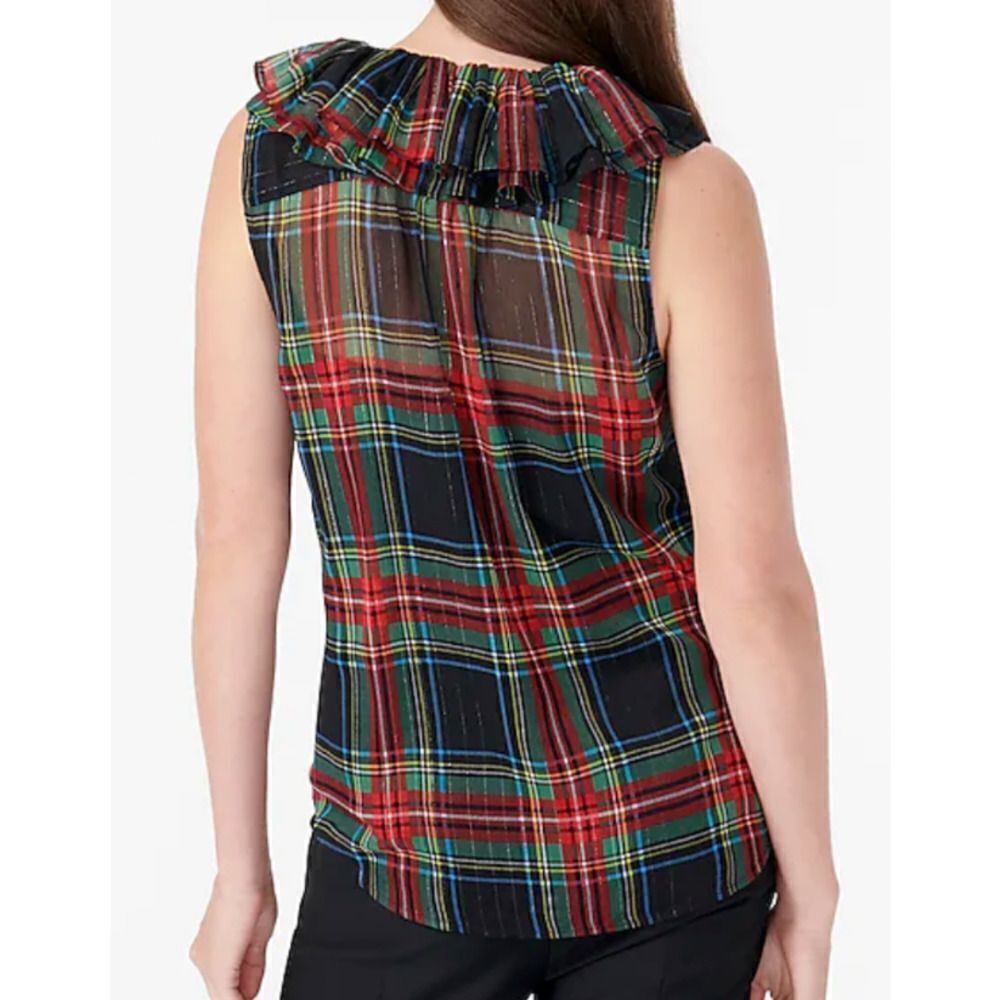 J.CREW Sleeveless Ruffle Collar Top Black Stewart Tartan Plaid Blouse XSMALL - Picture 3 of 9